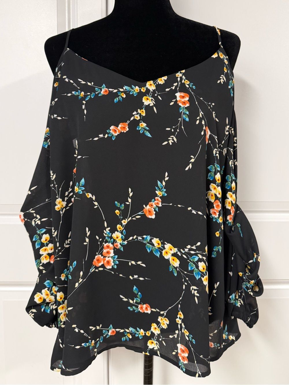 Belle Sky Cold Shoulder Black Floral Top Blouse